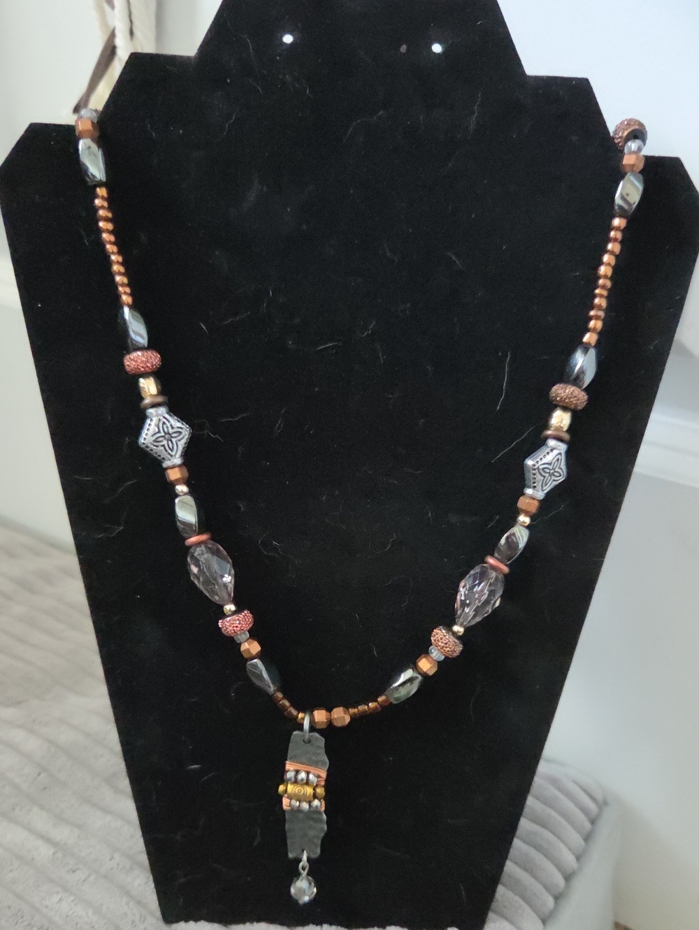 Boho Mixed Media Hematite Beaded Statement Necklace Artisan Copper Pendant
